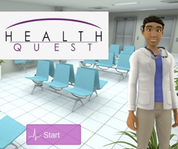 Screenshot of the Health Quest adventure game showing a cartoon of a doctor wearing a stethoscope, a waiting room in the background, and a start button at the bottom. Text reads, Health Quest.